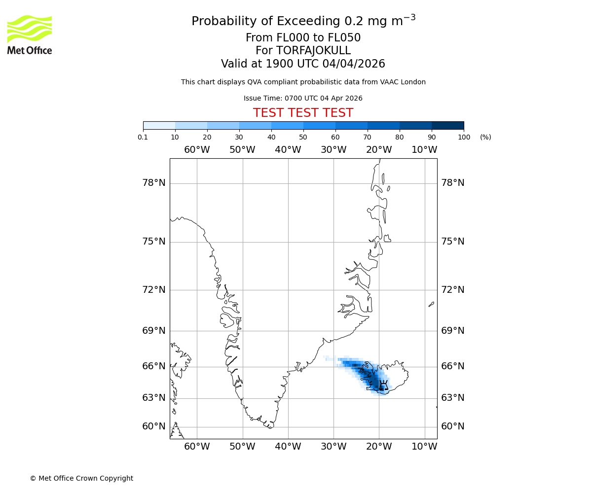 Probability of exceeding 0.2 milligrams per metre cubed. From 000 to 050 for TORFAJOKULL. Valid at 1900 UTC 04/04/2026