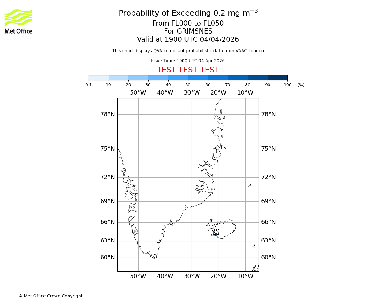 Probability of exceeding 0.2 milligrams per metre cubed. From 000 to 050 for GRIMSNES. Valid at 1900 UTC 04/04/2026