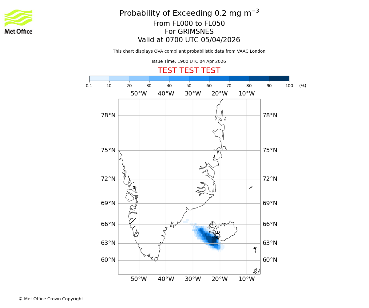 Probability of exceeding 0.2 milligrams per metre cubed. From 000 to 050 for GRIMSNES. Valid at 0700 UTC 05/04/2026