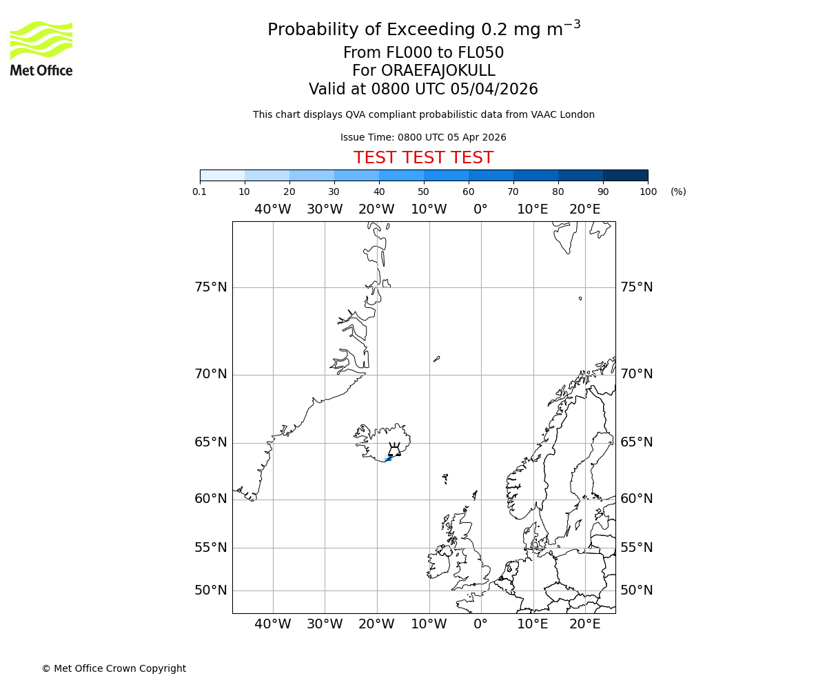 Probability of exceeding 0.2 milligrams per metre cubed. From 000 to 050 for ORAEFAJOKULL. Valid at 0800 UTC 05/04/2026