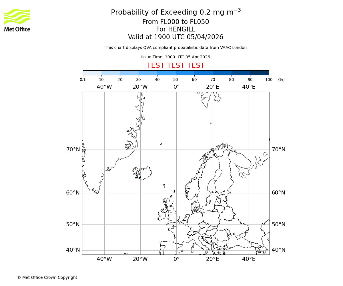 Probability of exceeding 0.2 milligrams per metre cubed. From 000 to 050 for HENGILL. Valid at 1900 UTC 05/04/2026