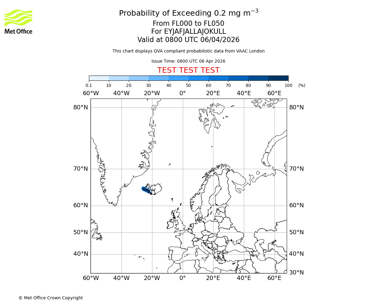 Probability of exceeding 0.2 milligrams per metre cubed. From 000 to 050 for EYJAFJALLAJOKULL. Valid at 0800 UTC 06/04/2026