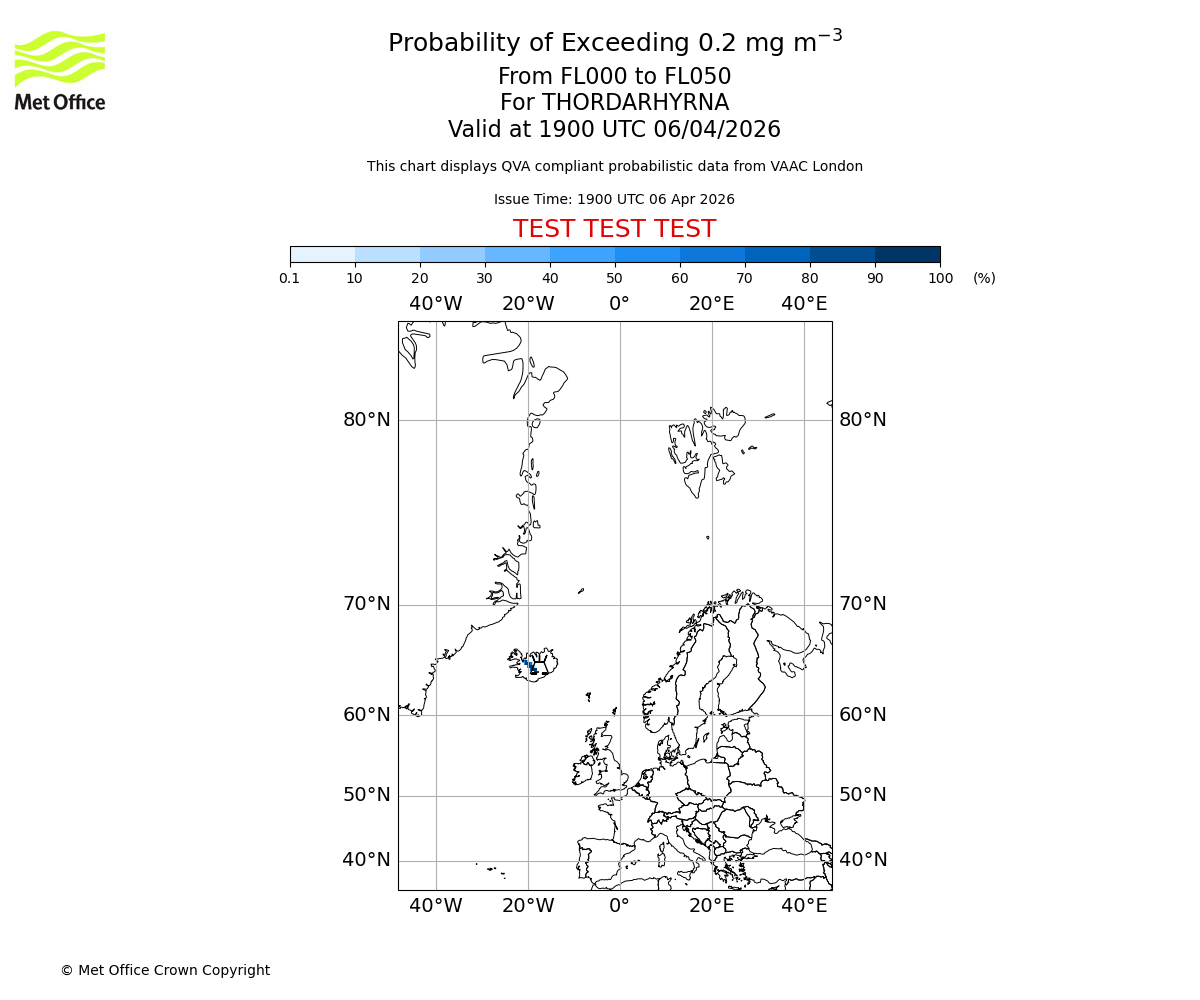 Probability of exceeding 0.2 milligrams per metre cubed. From 000 to 050 for THORDARHYRNA. Valid at 1900 UTC 06/04/2026