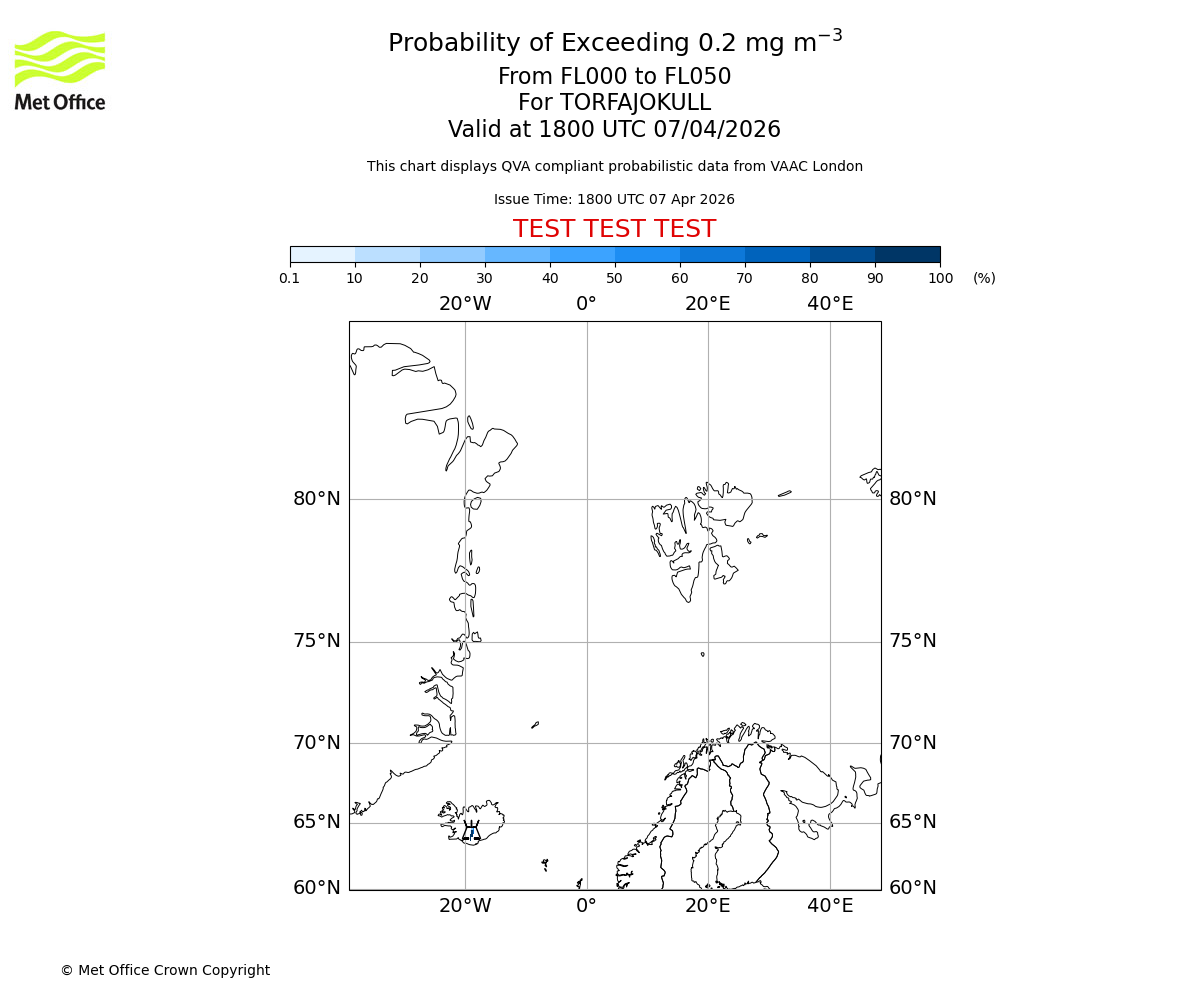 Probability of exceeding 0.2 milligrams per metre cubed. From 000 to 050 for TORFAJOKULL. Valid at 1800 UTC 07/04/2026