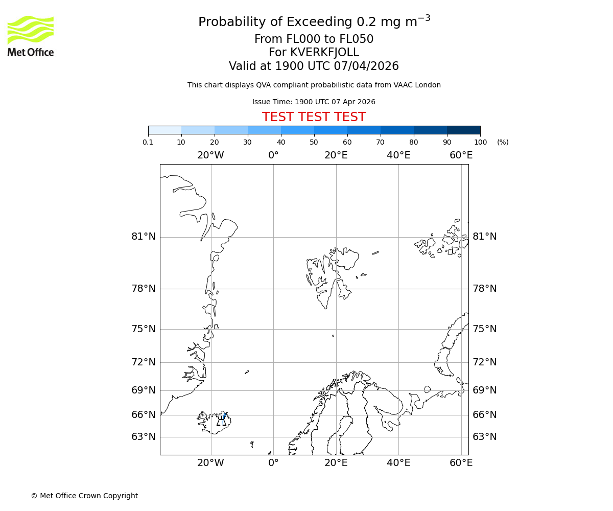 Probability of exceeding 0.2 milligrams per metre cubed. From 000 to 050 for KVERKFJOLL. Valid at 1900 UTC 07/04/2026