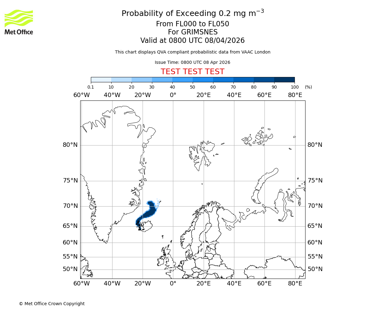 Probability of exceeding 0.2 milligrams per metre cubed. From 000 to 050 for GRIMSNES. Valid at 0800 UTC 08/04/2026