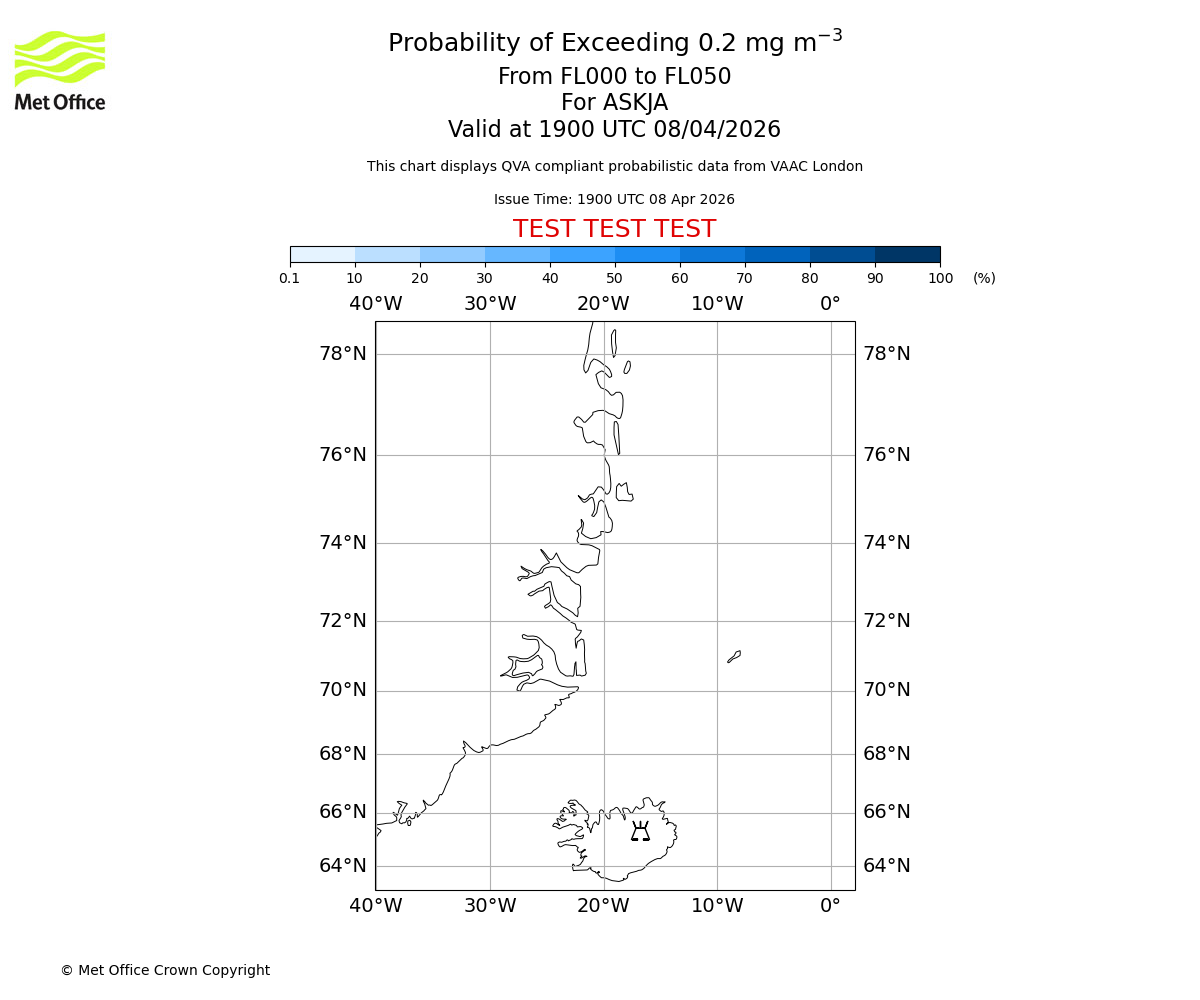 Probability of exceeding 0.2 milligrams per metre cubed. From 000 to 050 for ASKJA. Valid at 1900 UTC 08/04/2026