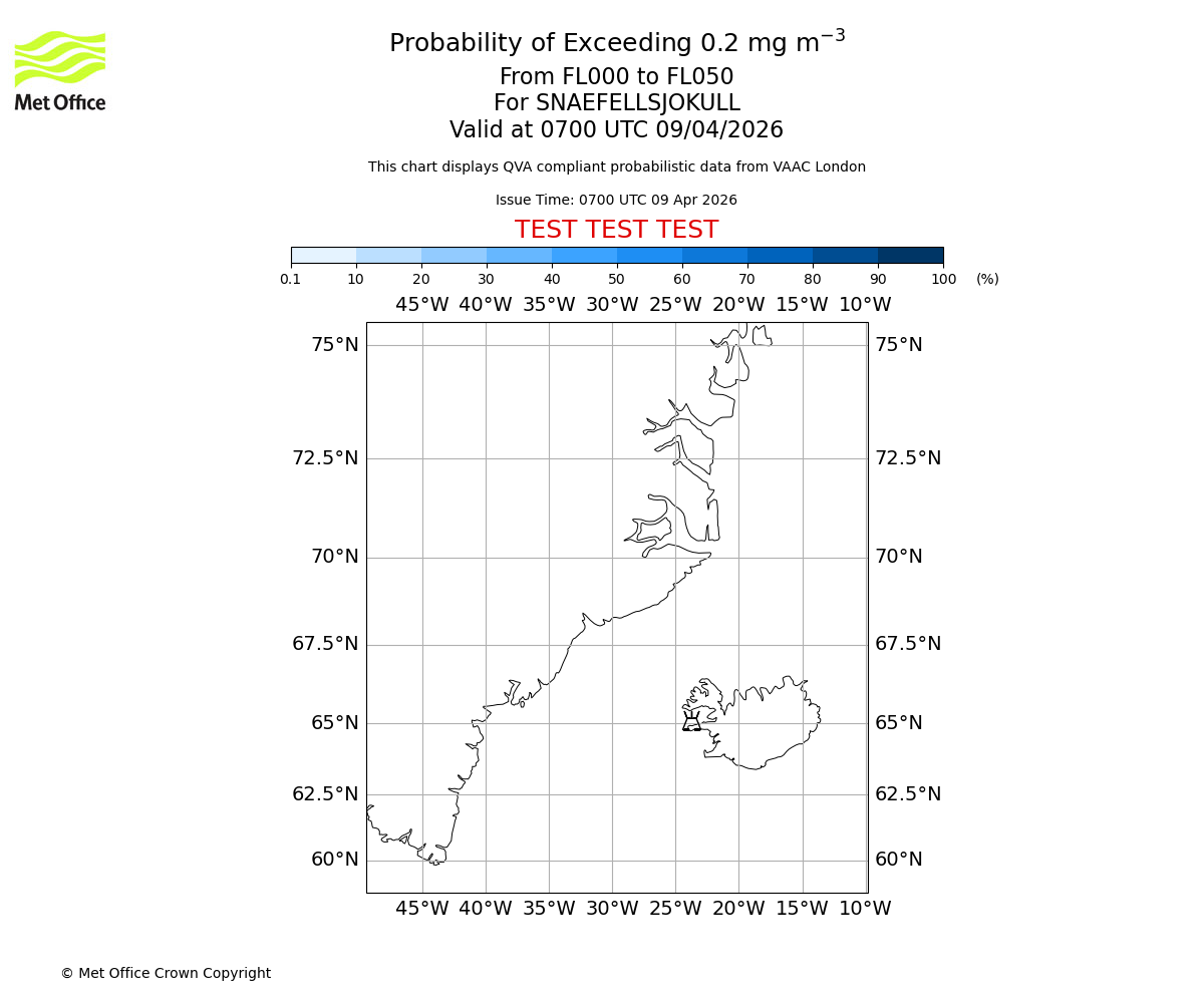 Probability of exceeding 0.2 milligrams per metre cubed. From 000 to 050 for SNAEFELLSJOKULL. Valid at 0700 UTC 09/04/2026