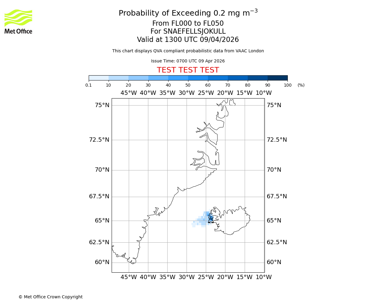Probability of exceeding 0.2 milligrams per metre cubed. From 000 to 050 for SNAEFELLSJOKULL. Valid at 1300 UTC 09/04/2026