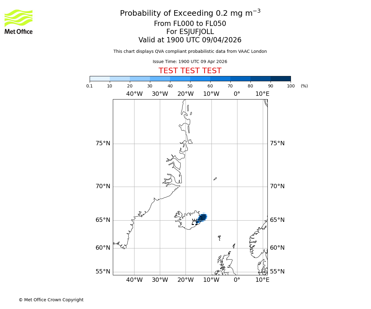 Probability of exceeding 0.2 milligrams per metre cubed. From 000 to 050 for ESJUFJOLL. Valid at 1900 UTC 09/04/2026