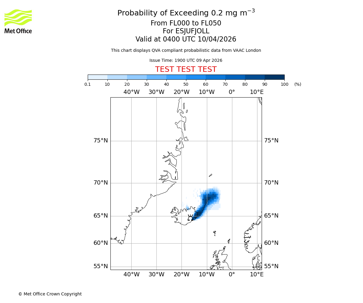 Probability of exceeding 0.2 milligrams per metre cubed. From 000 to 050 for ESJUFJOLL. Valid at 0400 UTC 10/04/2026