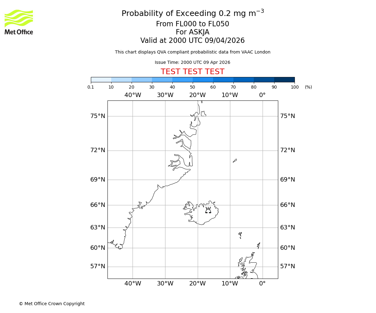 Probability of exceeding 0.2 milligrams per metre cubed. From 000 to 050 for ASKJA. Valid at 2000 UTC 09/04/2026