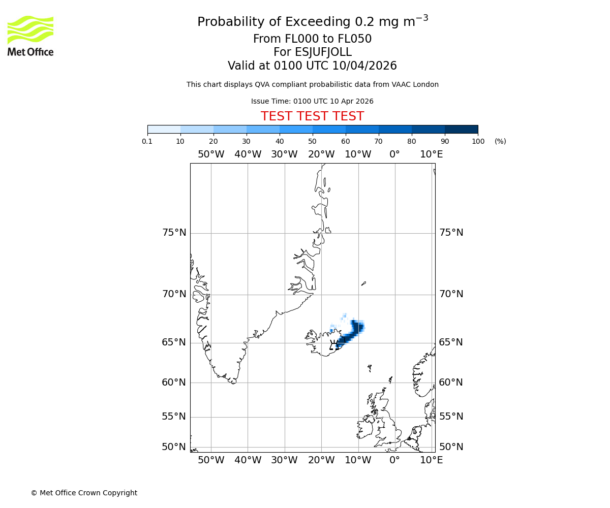 Probability of exceeding 0.2 milligrams per metre cubed. From 000 to 050 for ESJUFJOLL. Valid at 0100 UTC 10/04/2026