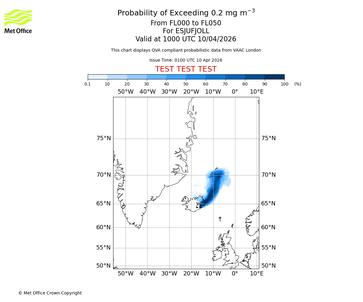 Probability of exceeding 0.2 milligrams per metre cubed. From 000 to 050 for ESJUFJOLL. Valid at 1000 UTC 10/04/2026