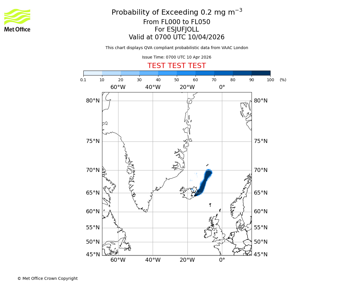 Probability of exceeding 0.2 milligrams per metre cubed. From 000 to 050 for ESJUFJOLL. Valid at 0700 UTC 10/04/2026