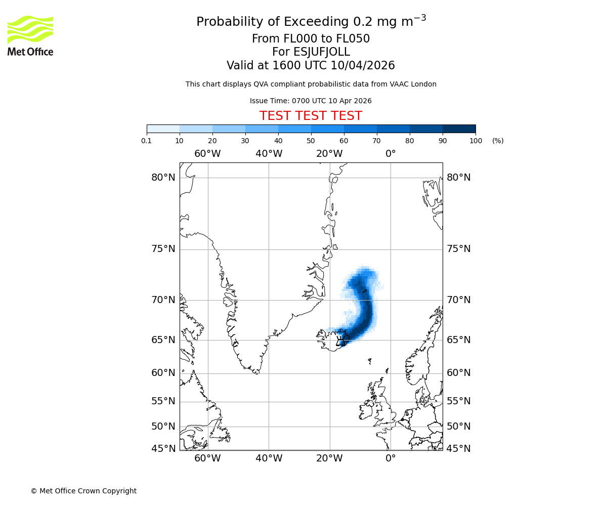 Probability of exceeding 0.2 milligrams per metre cubed. From 000 to 050 for ESJUFJOLL. Valid at 1600 UTC 10/04/2026