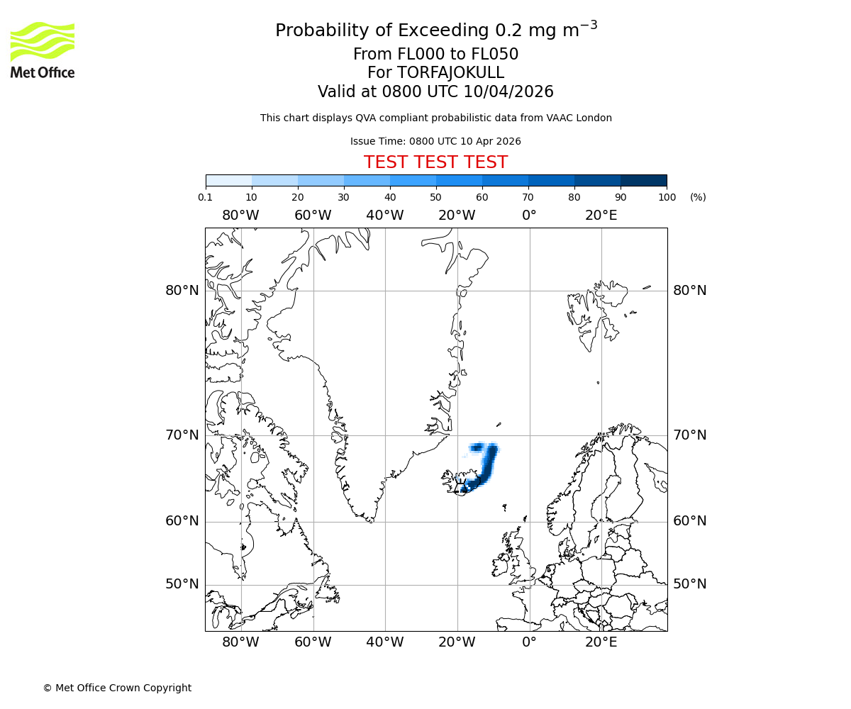 Probability of exceeding 0.2 milligrams per metre cubed. From 000 to 050 for TORFAJOKULL. Valid at 0800 UTC 10/04/2026