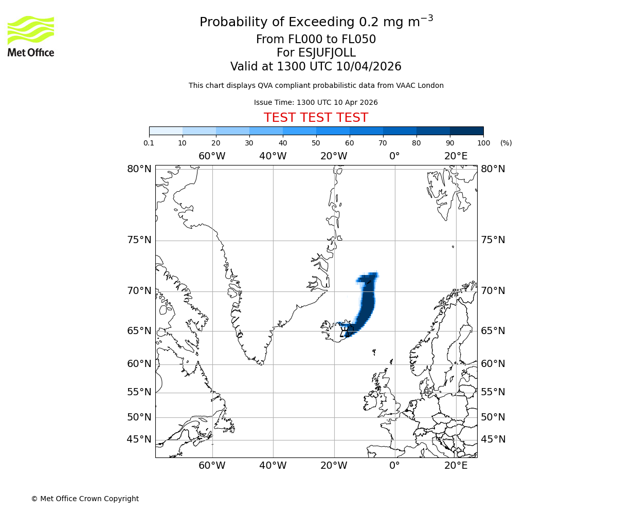 Probability of exceeding 0.2 milligrams per metre cubed. From 000 to 050 for ESJUFJOLL. Valid at 1300 UTC 10/04/2026