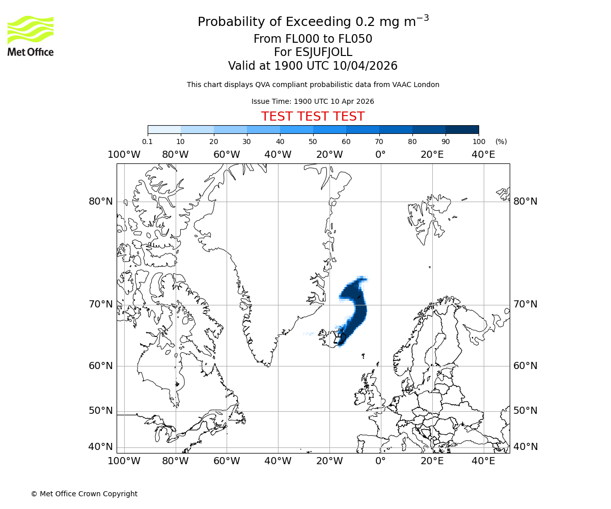 Probability of exceeding 0.2 milligrams per metre cubed. From 000 to 050 for ESJUFJOLL. Valid at 1900 UTC 10/04/2026