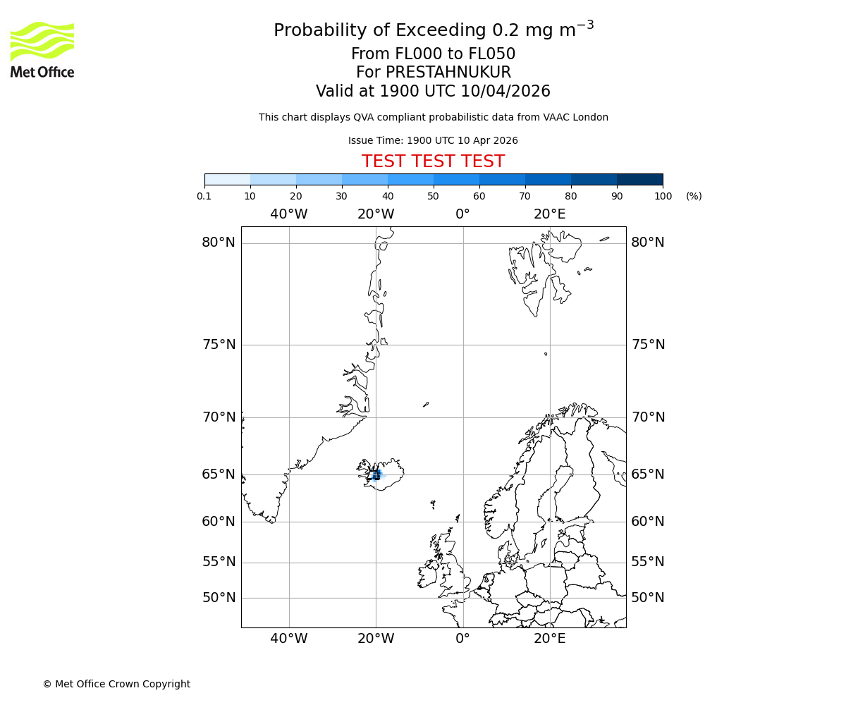 Probability of exceeding 0.2 milligrams per metre cubed. From 000 to 050 for PRESTAHNUKUR. Valid at 1900 UTC 10/04/2026