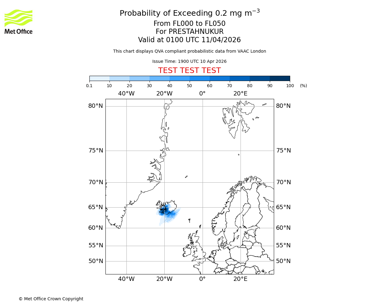 Probability of exceeding 0.2 milligrams per metre cubed. From 000 to 050 for PRESTAHNUKUR. Valid at 0100 UTC 11/04/2026