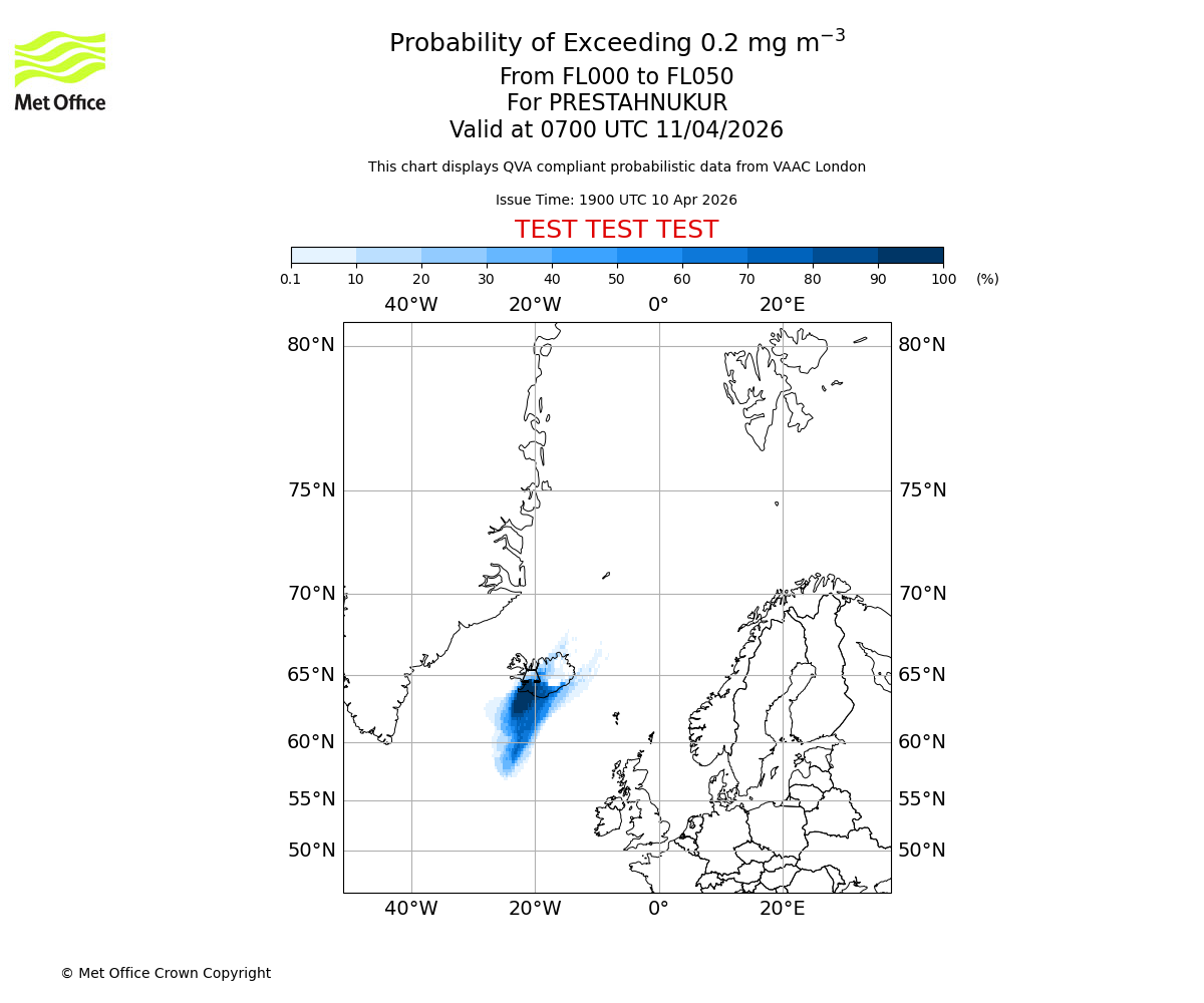 Probability of exceeding 0.2 milligrams per metre cubed. From 000 to 050 for PRESTAHNUKUR. Valid at 0700 UTC 11/04/2026