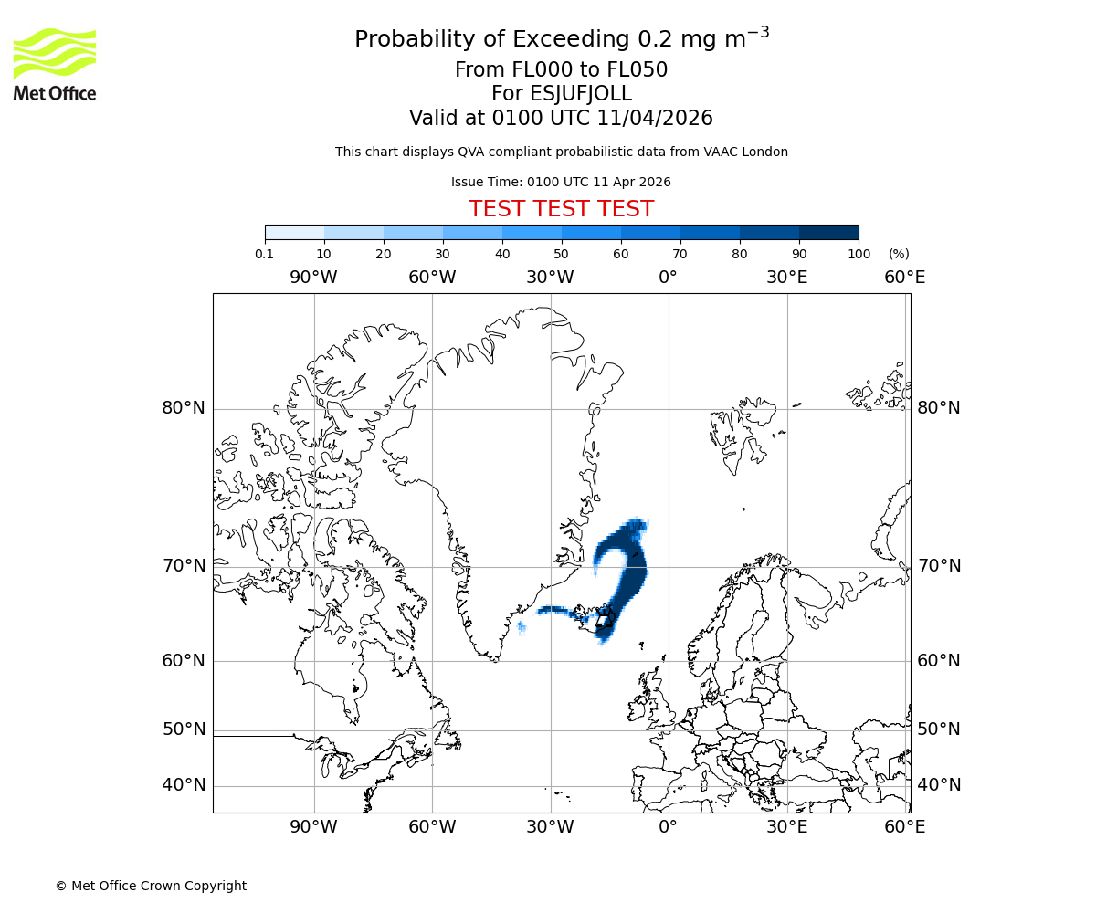 Probability of exceeding 0.2 milligrams per metre cubed. From 000 to 050 for ESJUFJOLL. Valid at 0100 UTC 11/04/2026