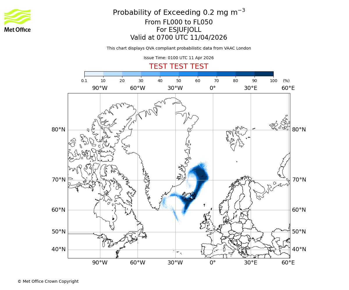 Probability of exceeding 0.2 milligrams per metre cubed. From 000 to 050 for ESJUFJOLL. Valid at 0700 UTC 11/04/2026