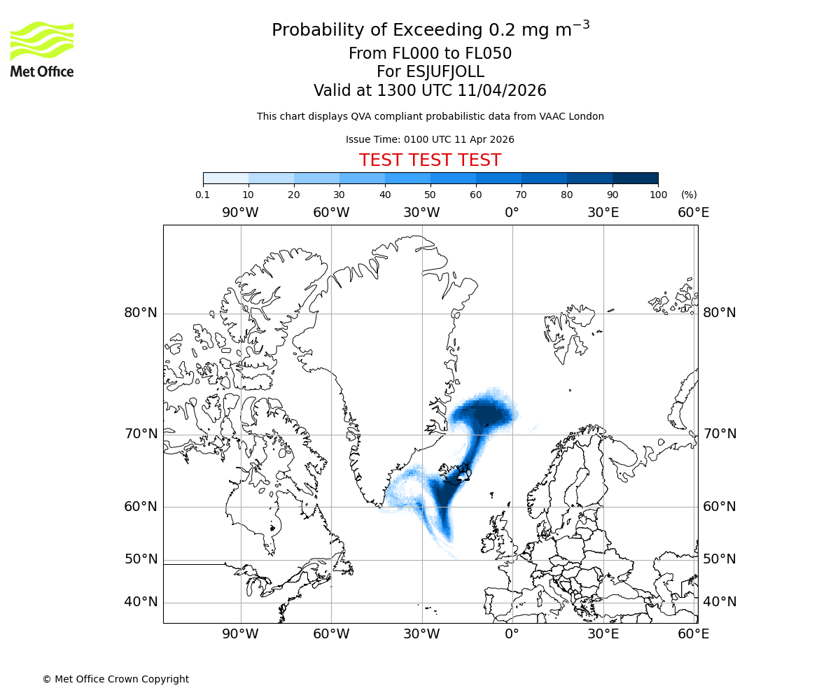 Probability of exceeding 0.2 milligrams per metre cubed. From 000 to 050 for ESJUFJOLL. Valid at 1300 UTC 11/04/2026