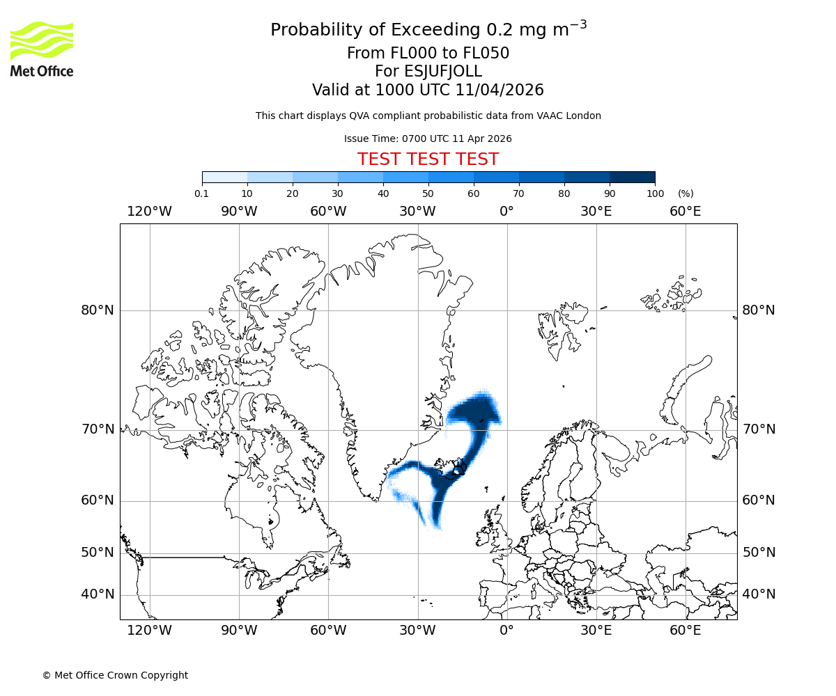Probability of exceeding 0.2 milligrams per metre cubed. From 000 to 050 for ESJUFJOLL. Valid at 1000 UTC 11/04/2026