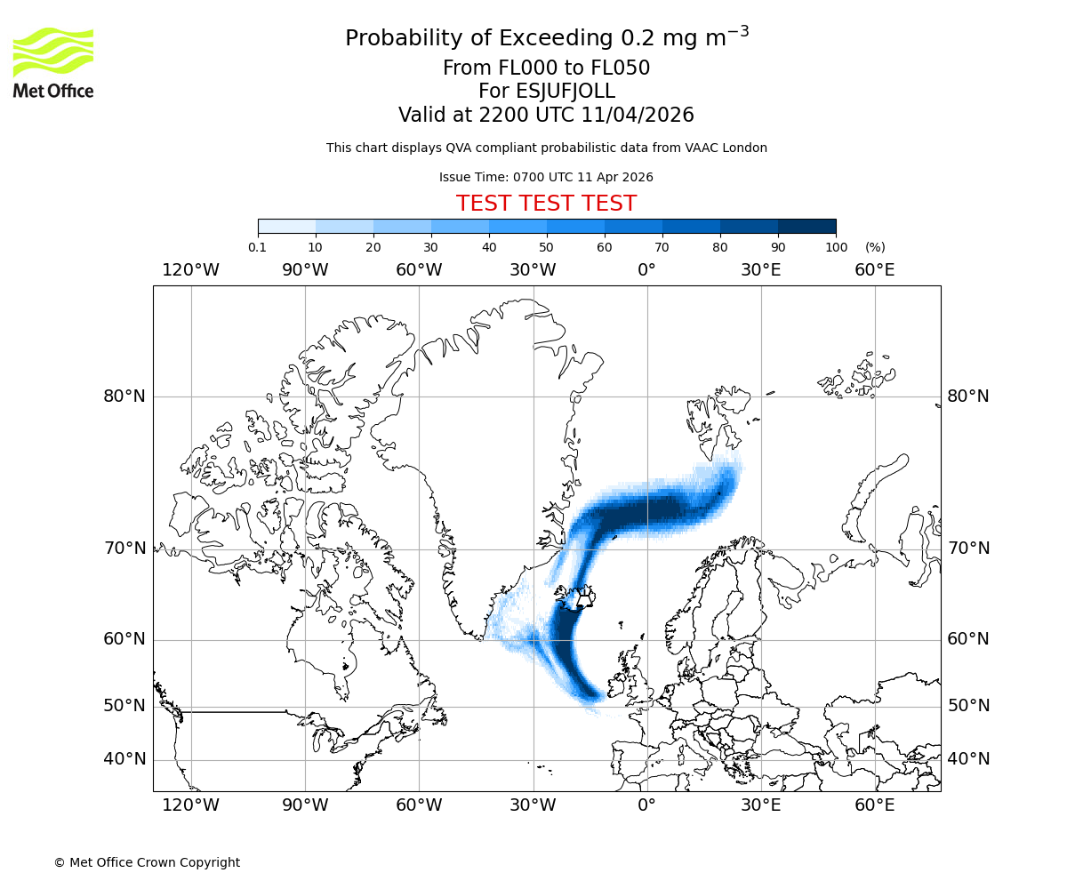 Probability of exceeding 0.2 milligrams per metre cubed. From 000 to 050 for ESJUFJOLL. Valid at 2200 UTC 11/04/2026