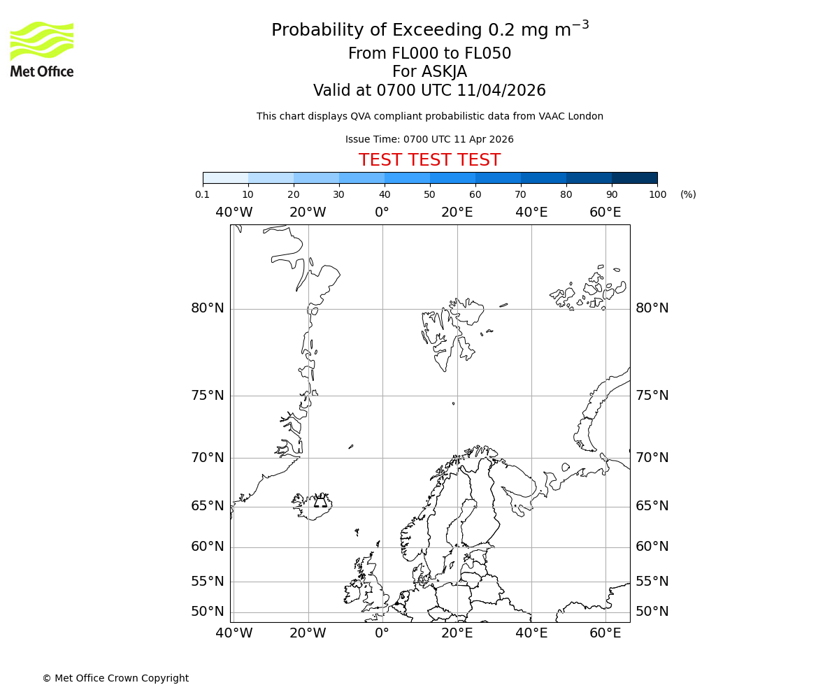 Probability of exceeding 0.2 milligrams per metre cubed. From 000 to 050 for ASKJA. Valid at 0700 UTC 11/04/2026
