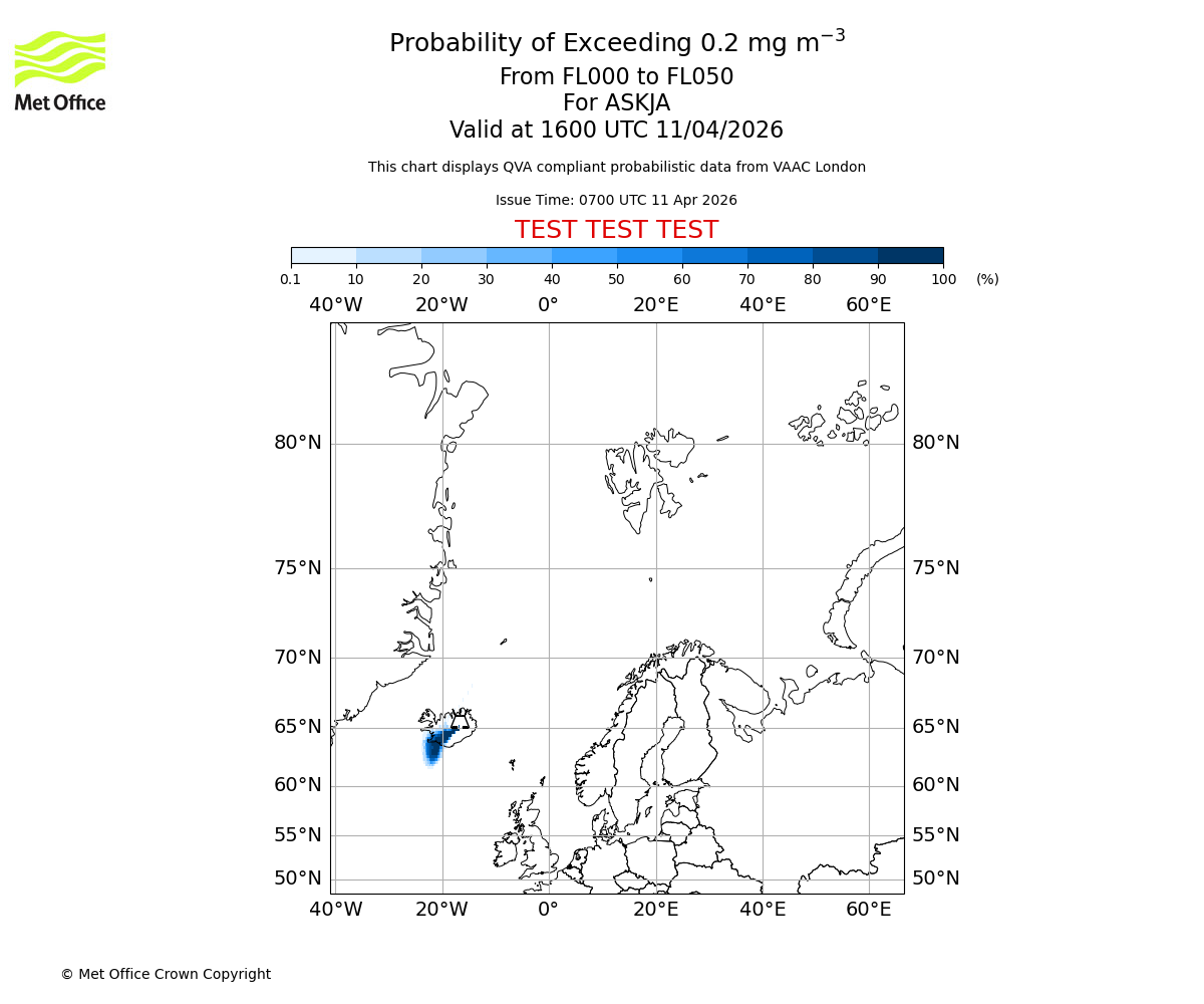 Probability of exceeding 0.2 milligrams per metre cubed. From 000 to 050 for ASKJA. Valid at 1600 UTC 11/04/2026