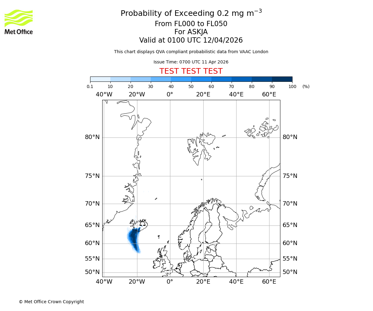 Probability of exceeding 0.2 milligrams per metre cubed. From 000 to 050 for ASKJA. Valid at 0100 UTC 12/04/2026