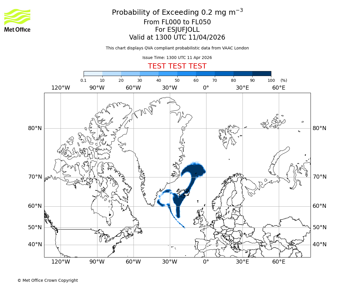 Probability of exceeding 0.2 milligrams per metre cubed. From 000 to 050 for ESJUFJOLL. Valid at 1300 UTC 11/04/2026