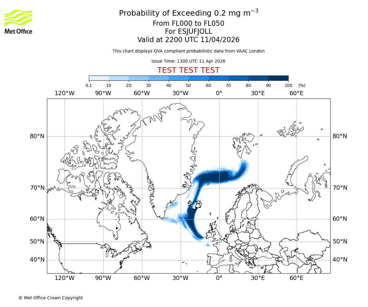 Probability of exceeding 0.2 milligrams per metre cubed. From 000 to 050 for ESJUFJOLL. Valid at 2200 UTC 11/04/2026