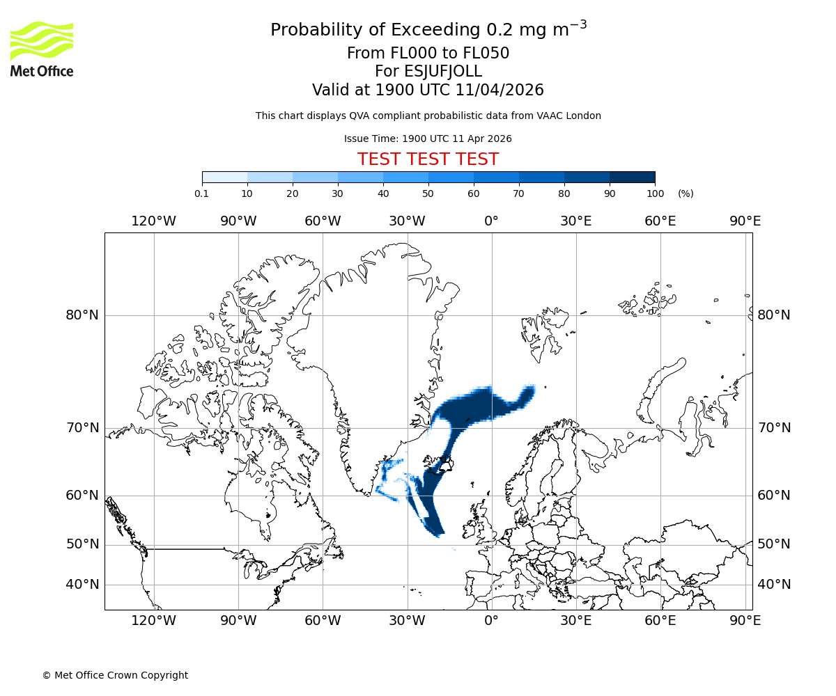 Probability of exceeding 0.2 milligrams per metre cubed. From 000 to 050 for ESJUFJOLL. Valid at 1900 UTC 11/04/2026