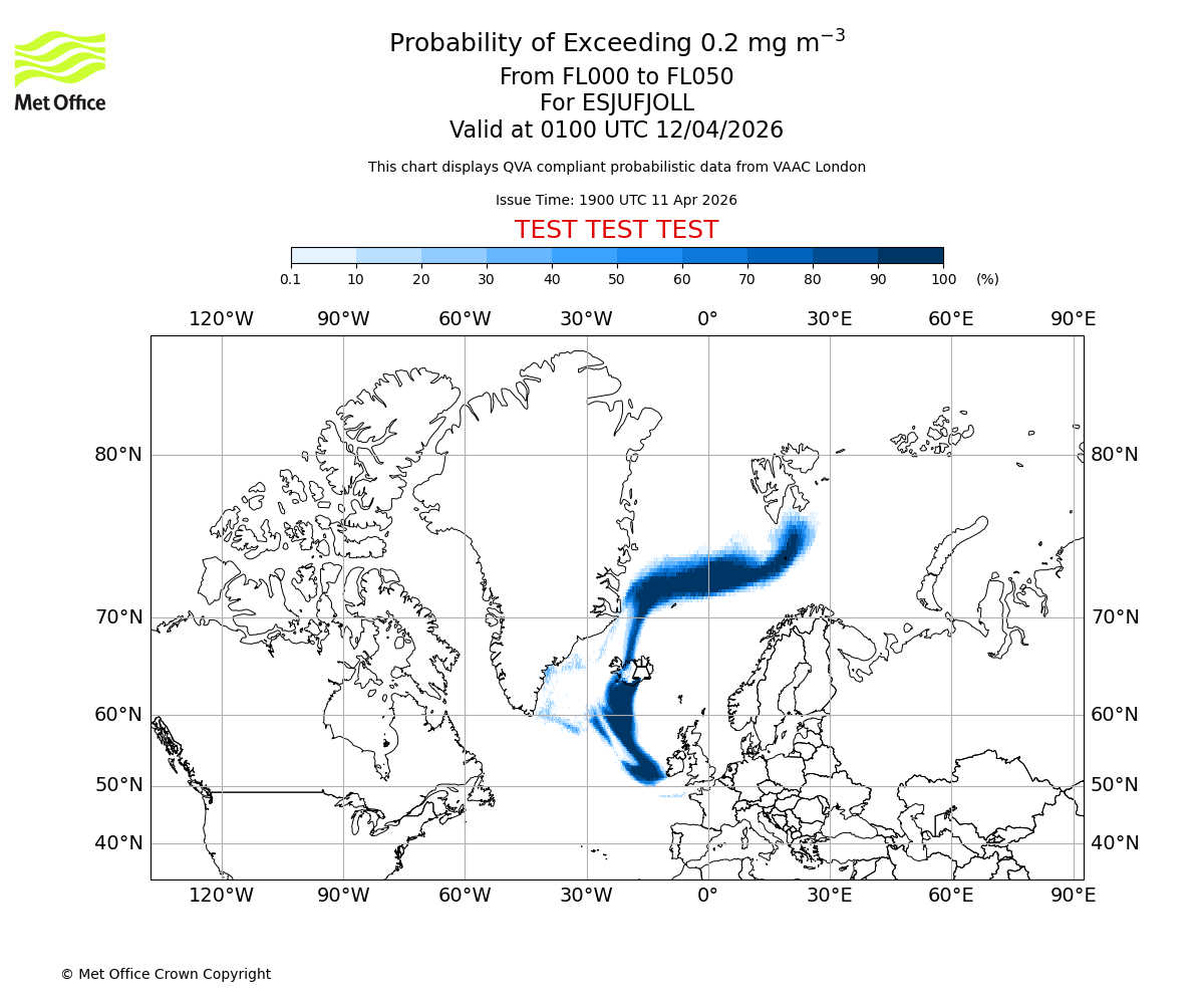 Probability of exceeding 0.2 milligrams per metre cubed. From 000 to 050 for ESJUFJOLL. Valid at 0100 UTC 12/04/2026
