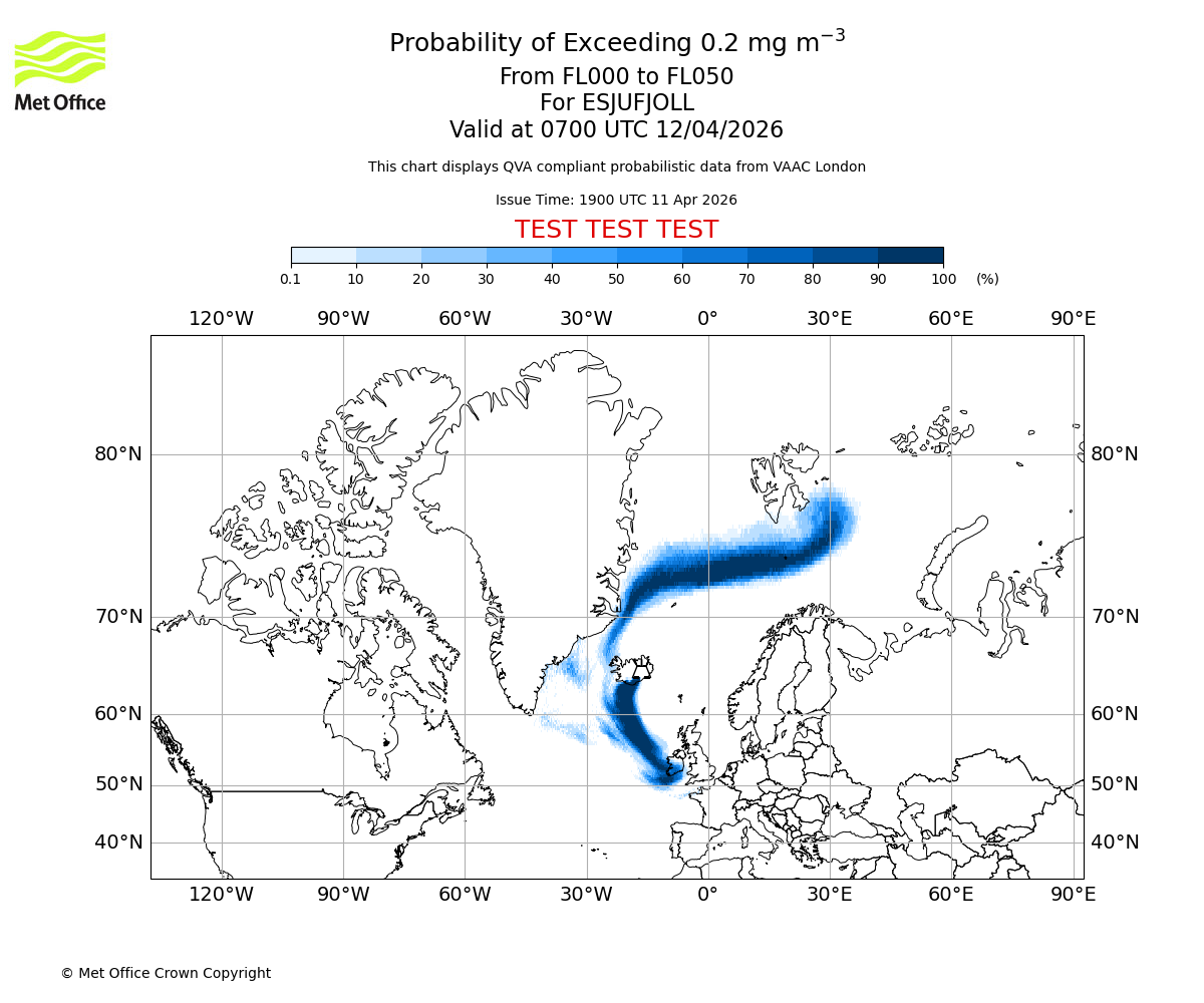 Probability of exceeding 0.2 milligrams per metre cubed. From 000 to 050 for ESJUFJOLL. Valid at 0700 UTC 12/04/2026