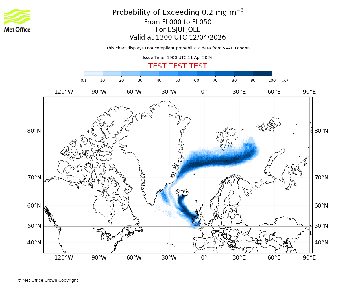 Probability of exceeding 0.2 milligrams per metre cubed. From 000 to 050 for ESJUFJOLL. Valid at 1300 UTC 12/04/2026