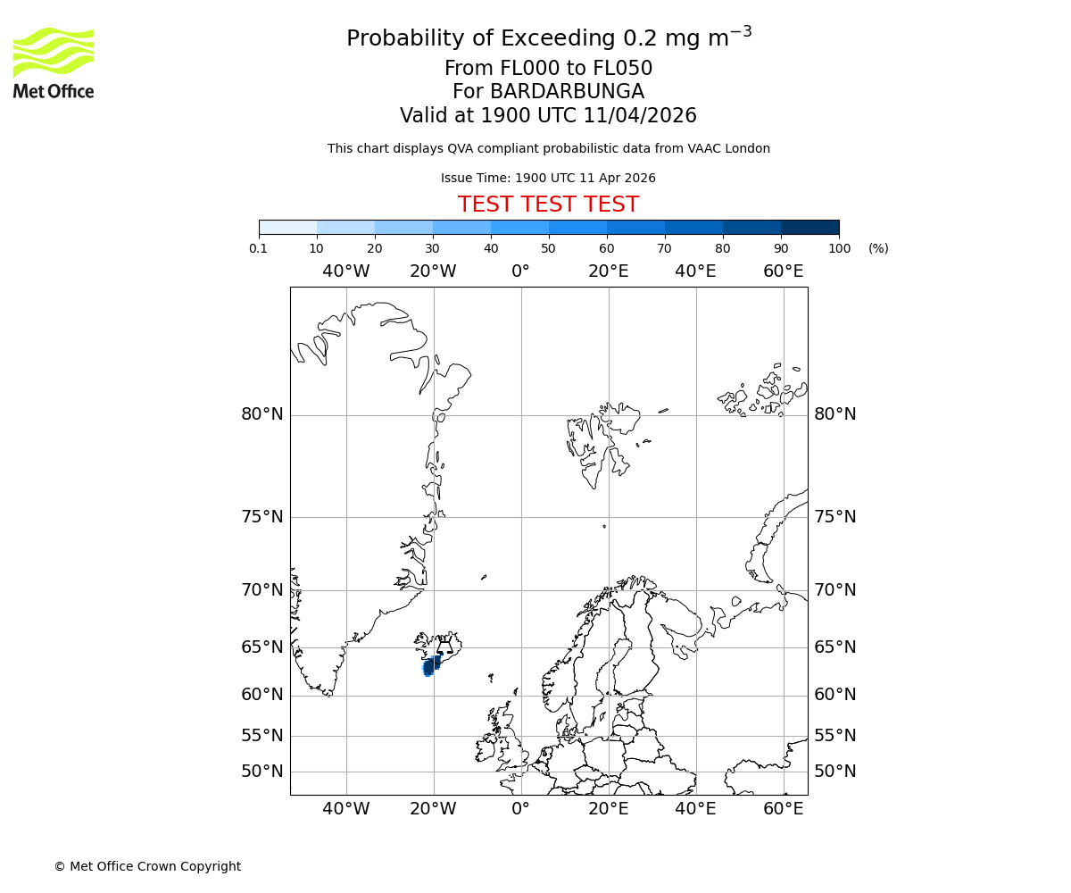 Probability of exceeding 0.2 milligrams per metre cubed. From 000 to 050 for BARDARBUNGA. Valid at 1900 UTC 11/04/2026