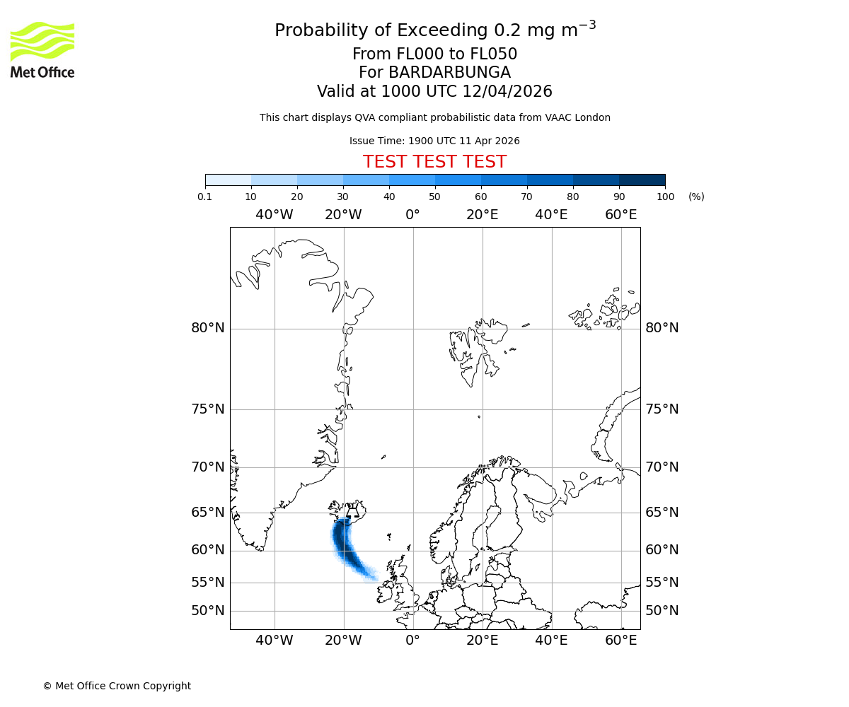 Probability of exceeding 0.2 milligrams per metre cubed. From 000 to 050 for BARDARBUNGA. Valid at 1000 UTC 12/04/2026