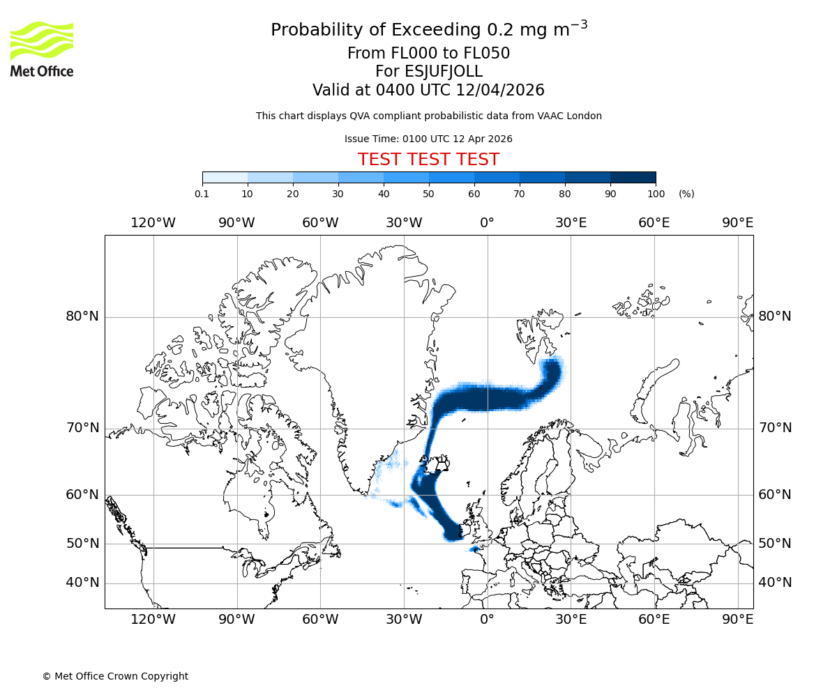 Probability of exceeding 0.2 milligrams per metre cubed. From 000 to 050 for ESJUFJOLL. Valid at 0400 UTC 12/04/2026