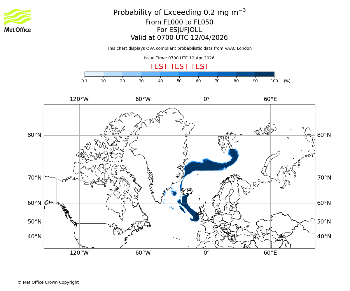 Probability of exceeding 0.2 milligrams per metre cubed. From 000 to 050 for ESJUFJOLL. Valid at 0700 UTC 12/04/2026