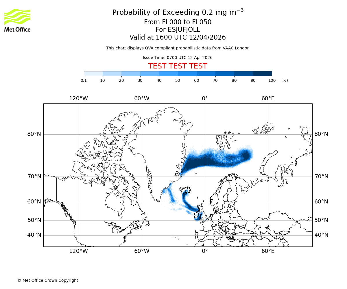 Probability of exceeding 0.2 milligrams per metre cubed. From 000 to 050 for ESJUFJOLL. Valid at 1600 UTC 12/04/2026