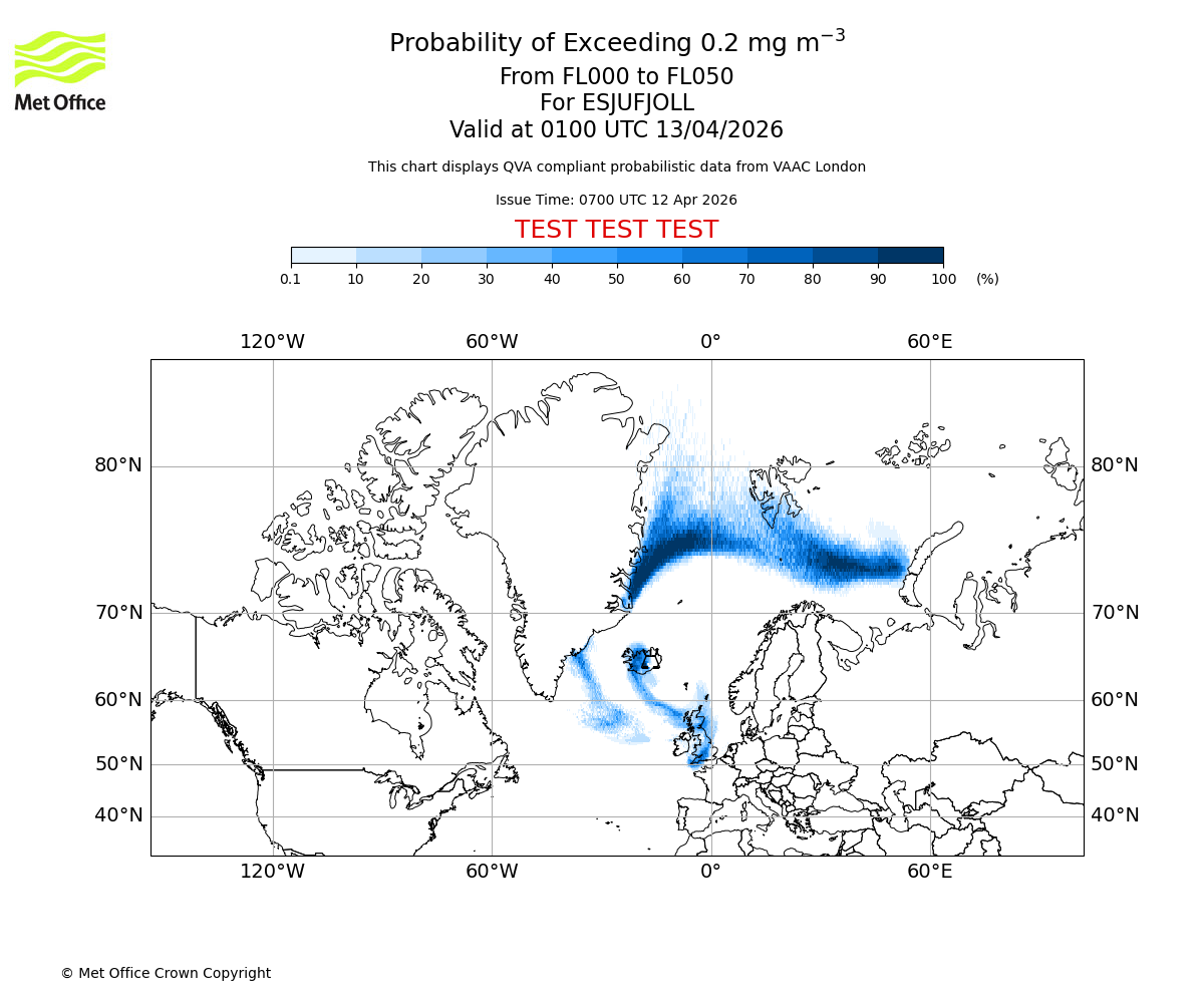 Probability of exceeding 0.2 milligrams per metre cubed. From 000 to 050 for ESJUFJOLL. Valid at 0100 UTC 13/04/2026