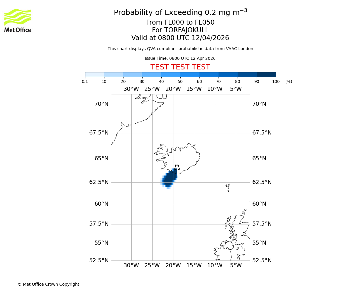 Probability of exceeding 0.2 milligrams per metre cubed. From 000 to 050 for TORFAJOKULL. Valid at 0800 UTC 12/04/2026
