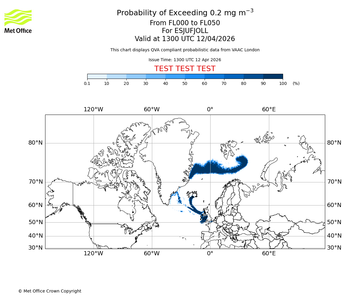 Probability of exceeding 0.2 milligrams per metre cubed. From 000 to 050 for ESJUFJOLL. Valid at 1300 UTC 12/04/2026