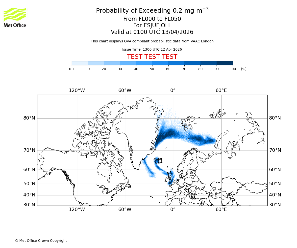 Probability of exceeding 0.2 milligrams per metre cubed. From 000 to 050 for ESJUFJOLL. Valid at 0100 UTC 13/04/2026