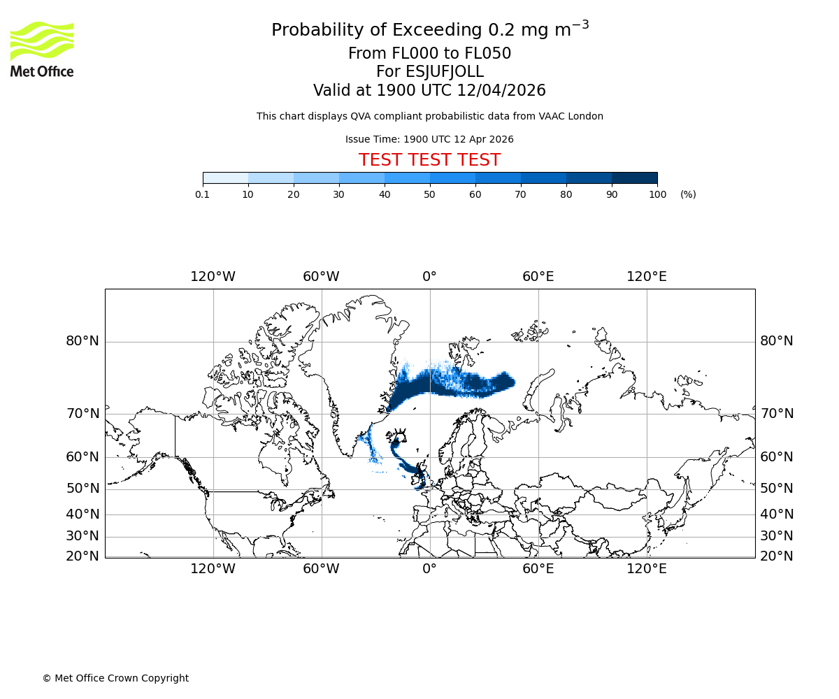 Probability of exceeding 0.2 milligrams per metre cubed. From 000 to 050 for ESJUFJOLL. Valid at 1900 UTC 12/04/2026